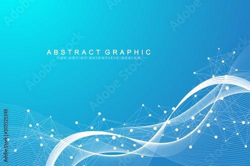 Big Genomic Data Visualization. DNA helix, DNA strand, DNA Test. CRISPR CAS9 - Genetic engineering. Molecule or atom, neurons. Abstract structure for Science or medical background, banner. Wave flow.