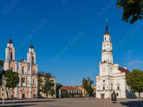 Kaunas - Jesuit church of St. Francis Xavier and the White Swan Town Hall in the center of Kaunas in Lithuania