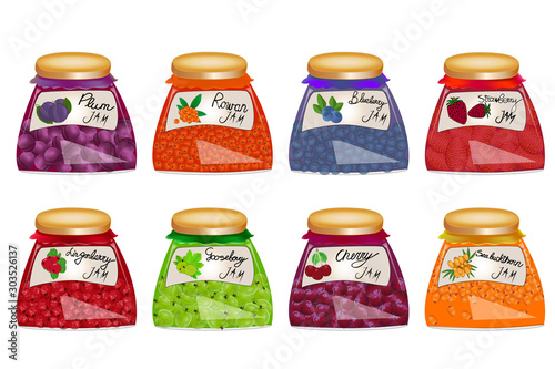 Berry jam jar glass collection isolated on white background. Set of glass jar with marmalade. Grocery Packaging collection. Preserved fruit in jars set in a realistic style. Vector illustration. EPS