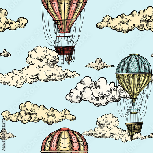 Seamless pattern with antique air balloons in sky