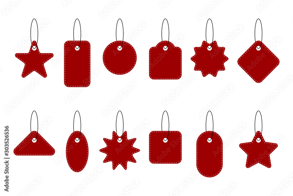 Blank red Tag price collection. Sale Tags or Labels isolated on