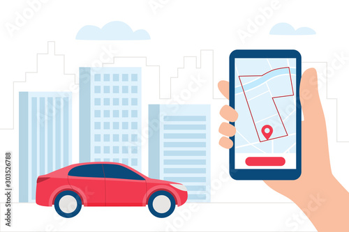 Car Sharing, Navigation, Location App Concept. Red car and hand holding smartphone with carsharing app. Vector illustration in flat style