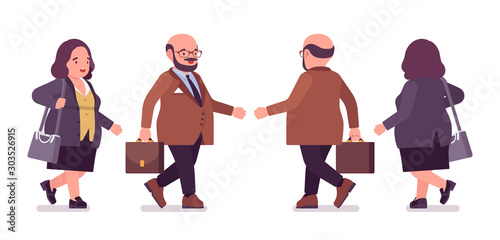 Chubby heavy man and curvy woman with belly walking. Overweight and fat body shape, round kind civil service worker. Big people fashion, plus size formal wear. Vector flat style cartoon illustration