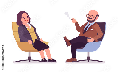 Chubby heavy man and curvy woman with belly resting. Overweight and fat body shape, round kind civil service worker. Big people fashion, plus size formal wear. Vector flat style cartoon illustration
