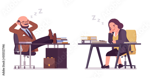 Chubby heavy man and curvy woman with belly sleeping. Overweight and fat body shape, round kind civil service worker. Big people fashion, plus size formal wear. Vector flat style cartoon illustration photo