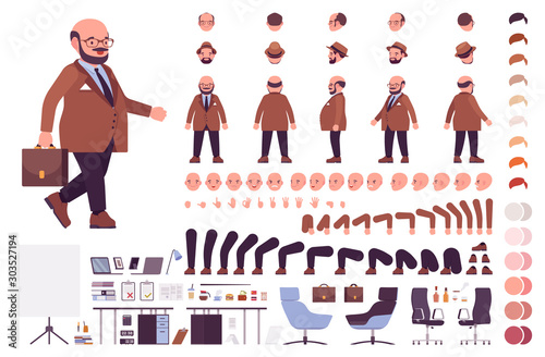 Chubby heavy kind businessman with a round belly construction set. Overweight, plus size formal wear, fat body shape creation elements to build own design. Cartoon flat style infographic illustration