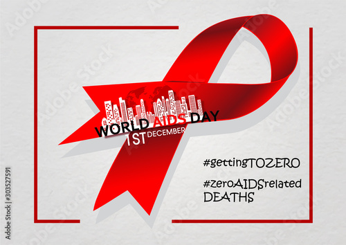 Cityscape and the day, name in paper cut style on giant red ribbon with lettering HASHTAG of "World AIDS Day". All in red frame and on light gray background.
