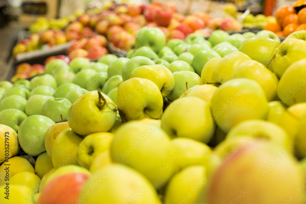 Fresh apple insupermarket. Concept of healthy food, bio, vegetarian, diet.