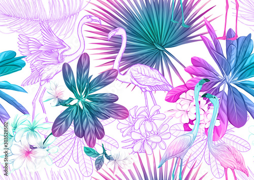 Tropical plants and flowers and birds. Seamless pattern, background. Colored and outline design. Vector illustration in neon, fluorescent colors. Isolated on white background..