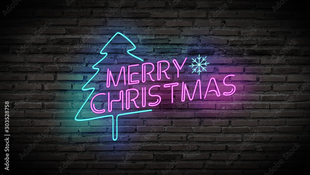 Obraz premium Merry Christmas shiny neon lamps sign glow on black brick wall. colorful sign board with text Merry Christmas and Christmas tree for party decoration