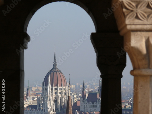 Budapest parliament building overlooking the Danube, photographed from the fishermen's bastion.