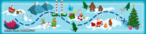 Christmas map with maze. Adventure board game for kids. Boardgame in cartoon style. Santa, deer, bigfoot and elf in isometric view. Fantasy way. Holiday panorama