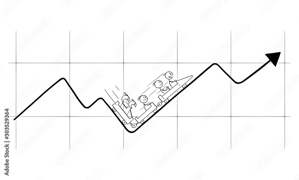 Φωτογραφία Vector cartoon stick figure drawing conceptual illustration of businessmen riding on the financial graph or chart on roller-coaster or big dipper