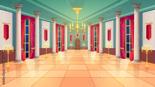 Ballroom hall, Medieval palace room, royal castle interior, vector background. King ballroom with luxury interior, marble columns and curtains, golden candelabra and candle lamps, fairy tale design
