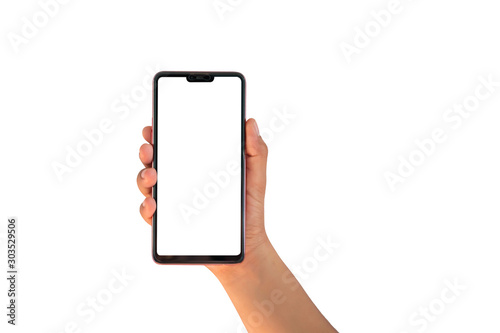 The hand is holding the white screen, the mobile phone is isolated on a white background with the clipping path.