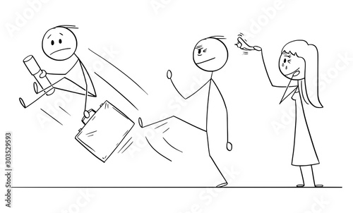 Vector cartoon stick figure drawing conceptual illustration of young man leaving home or house of his parents to start his own life. Father is kicking him out gently.
