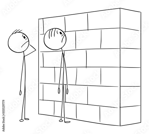 Vector cartoon stick figure drawing conceptual illustration of two helpless or confused men or businessmen watching the wall, obstacle in their way to career or success.