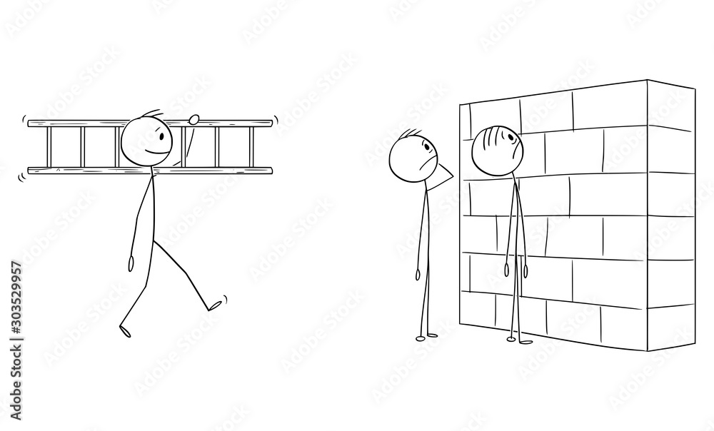 Tableau sur toile Illustration conceptuelle de deux hommes ou hommes d'affaires impuissants ou confus regardant un mur, un obstacle sur leur chemin