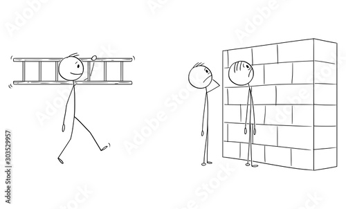 Vector cartoon stick figure drawing conceptual illustration of two helpless or confused men or businessmen watching wall, obstacle in their way. Creative man is carrying ladder. photo