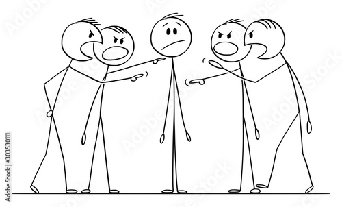 Vector cartoon stick figure drawing conceptual illustration of man or businessman who is questioned, interrogated or blamed by group of men or colleagues.