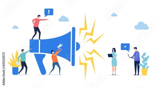 Promotion concept. Target marketing, social network advertising vector illustration. Flat tiny people with laptops and megaphone. Illustration business marketing loudspeaker, promotion advertising