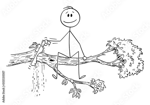 Vector cartoon stick figure drawing conceptual illustration of man or businessman cutting with saw the tree branch on which he is sitting.
