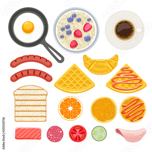 Breakfast ingredients icons set.