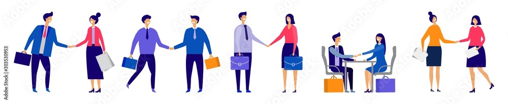 Obraz premium Business handshakes. Agreement conclusion vector illustration. Flat businesspeople characters isolated on white background. Handshake and contract businessman professional, work agreement