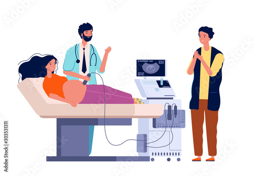 Scanning pregnant woman. Couple husband and wife doctor family consulting pregnancy diagnostic sex of child sonogram vector characters. Illustration pregnancy medical exam, mother check