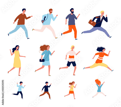 Running persons. Sport casual and business people in different costumes action poses jogging and jumping male female vector runners. People run competition  race exercise lifestyle illustration