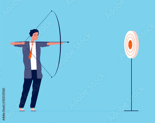 Business target. Businessmen manager investor shooting with bow and arrow focus target business concept vector flat. Businessman target and goal, success strategy to achievement illustration