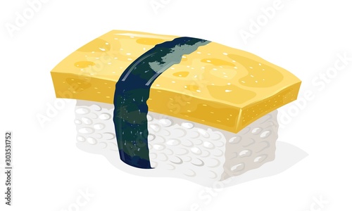 Tamago sushi. Boiled rice topped with sliced cooked egg and wrapped around with strip of nori seaweed. Traditional japanese cuisine. Vector realistic illustration isolated on white background.
