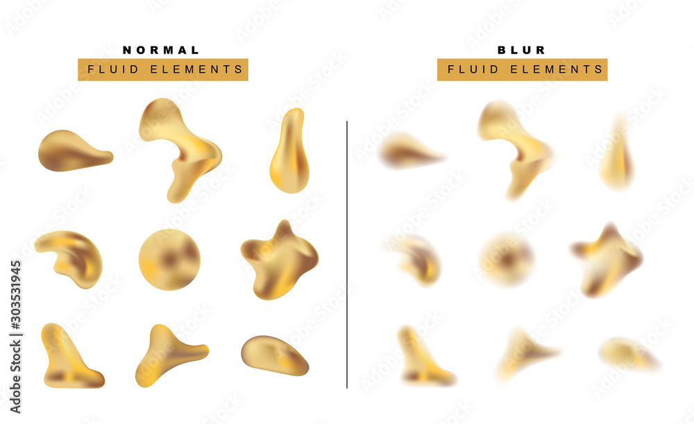 Vector set of realistic golden metallic liquid drop. Fluid effect blurry shapes. Gradient sphere and bubbles. Isolated objects on a transparent for banners, posters, cards, flyers.