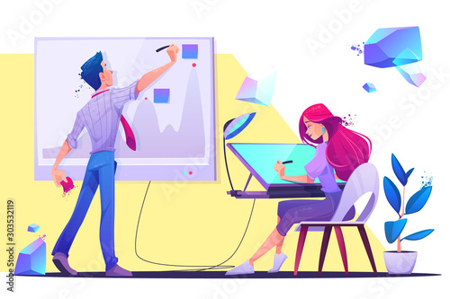 Creative office work or coworking occupation. Young man writing on chart board with sticky notes, woman designer, artist painter sitting at desk drawing on graphic tablet. Cartoon vector illustration