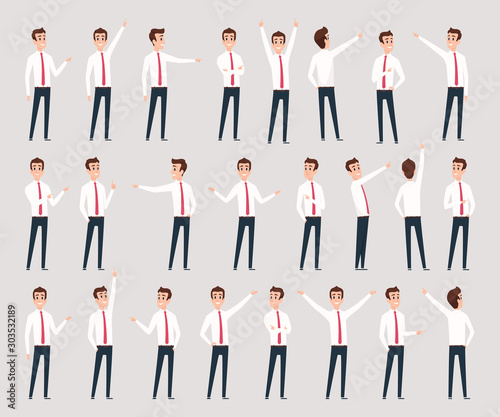 Male pointing. Businessman characters standing and offering consultative leader pointing vector persons. Illustration professional entrepreneur, human employee manager