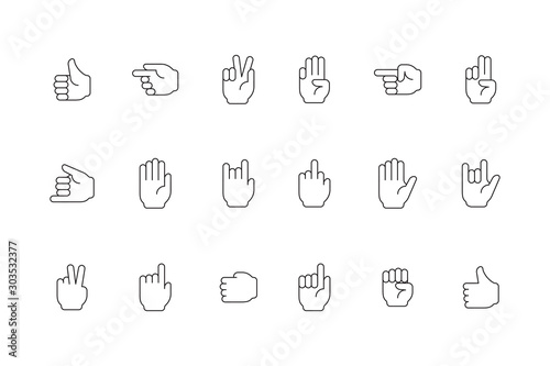 Gestures line icon. Human hands pointing and holding symbols of peace victory devil person palm and fingers vector. Illustration gesture communication  collection gesturing