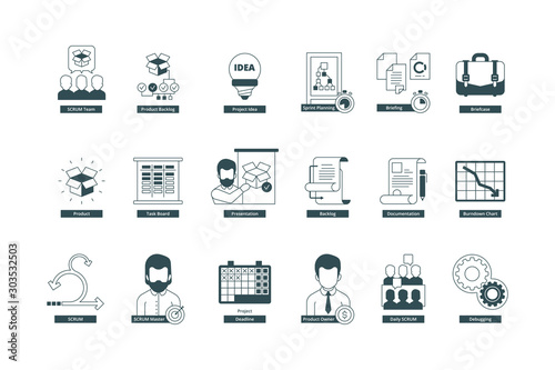 Agility icons. Scrum methodology professional meeting conference master agile vector symbols collection. Illustration agile methodology, meeting conference and development idea