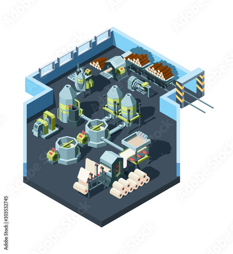 Paper production factory. Industrial interior with machines for making paper from woods press industry vector concept isometric. Illustration factory processing, industrial machine production