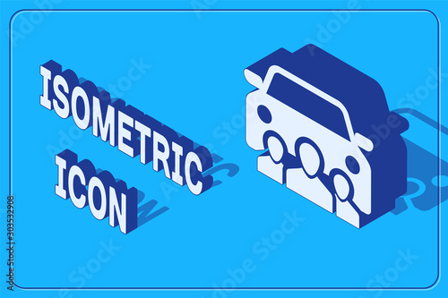 Isometric Car sharing with group of people icon isolated on blue background. Carsharing sign. Transport renting service concept. Vector Illustration