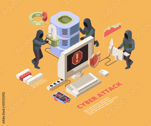 Hacking attack. Computer viruses or phishing pages cyber data protection vector isometric concept. Illustration hacker attack to data, virus trojan