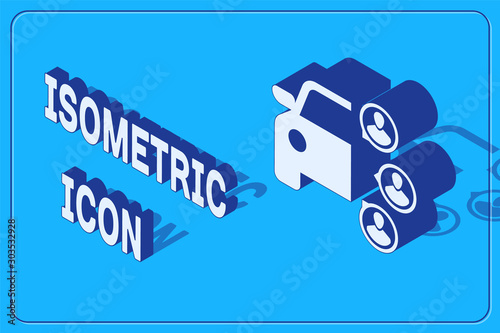 Isometric Car sharing with group of people icon isolated on blue background. Carsharing sign. Transport renting service concept. Vector Illustration