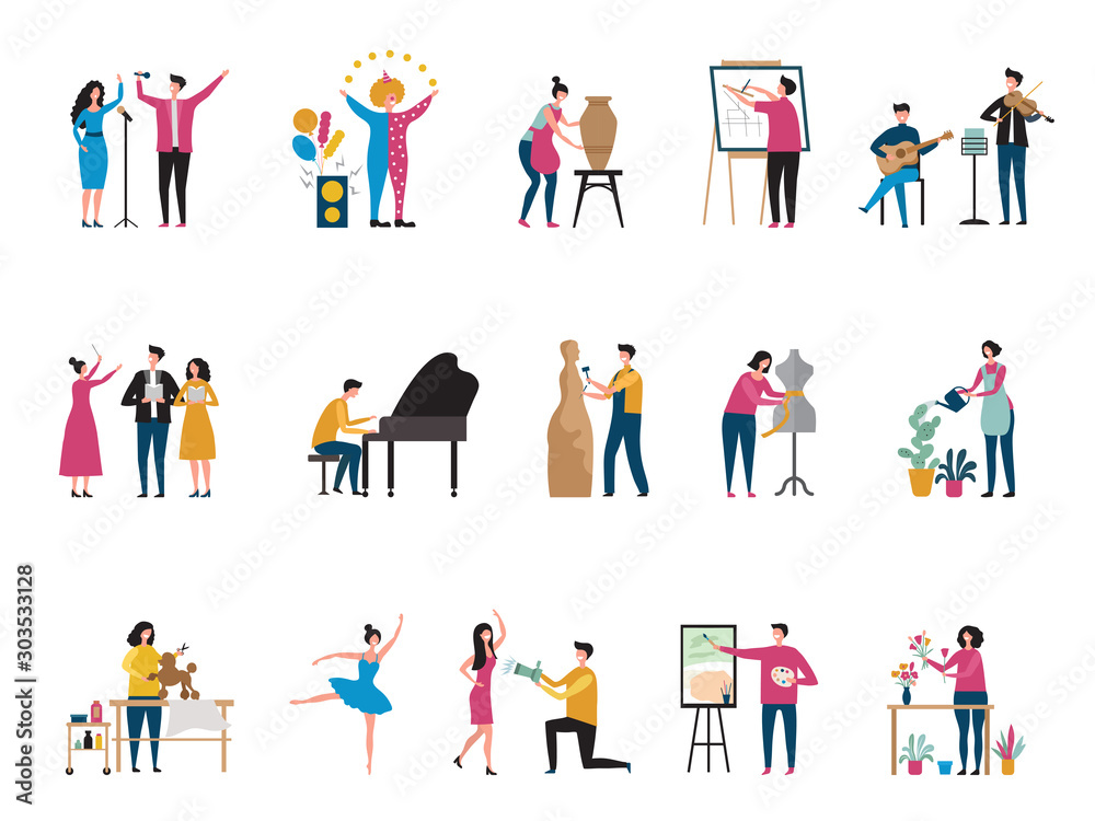 Creative occupation. Artists photographers art hobby dancers architect decorator florist painter vector flat characters. Hobby art people, drawing and other craft illustration