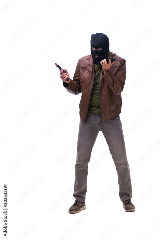 Robber wearing balaclava isolated on white background Robber wearing balaclava isolated on white background