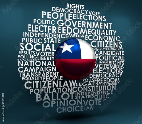 Words cloud relative for voting. Circle frame. Flag of the Chile. 3D rendering