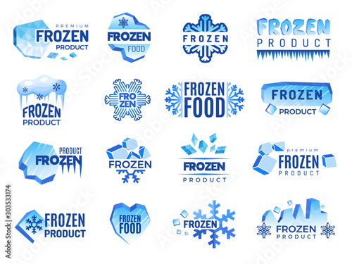 Ice product logo. Frozen food business identity blue vector cold graphic elements. Snowflake product, frozen temperature badge for refrigerator illustration photo