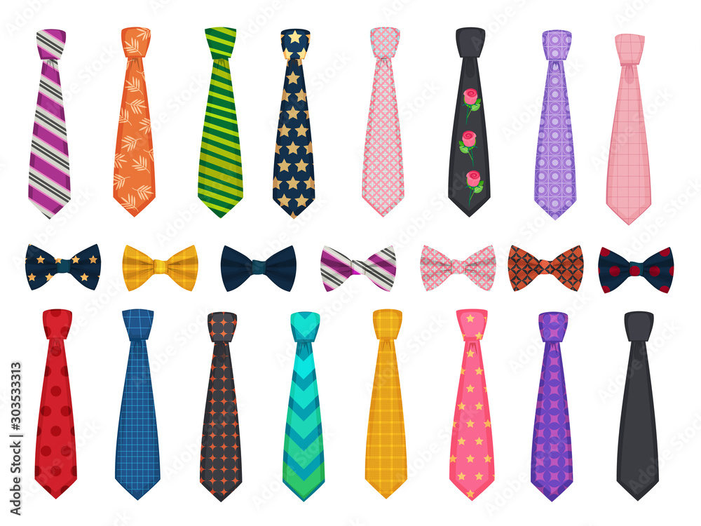 Tie collection. Men suits accessories bows and ties fashioned vector illustrations. Necktie accessory, clothes striped, tie bow collection - obrazy, fototapety, plakaty 