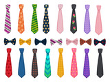 Tie collection. Men suits accessories bows and ties fashioned vector illustrations. Necktie accessory, clothes striped, tie bow collection