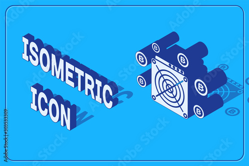 Isometric ASIC Miner icon isolated on blue background. Cryptocurrency mining equipment and hardware. Application specific integrated circuit. Vector Illustration