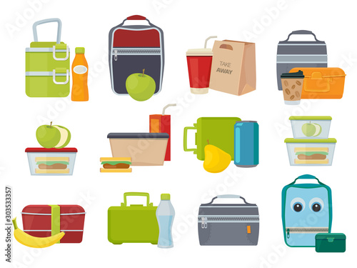 Lunch box. Fruits and vegetables for kids dinner lunch drinks and foods banana juice sandwich product packages vector. Illustration rucksack with lunch, sandwich and drink
