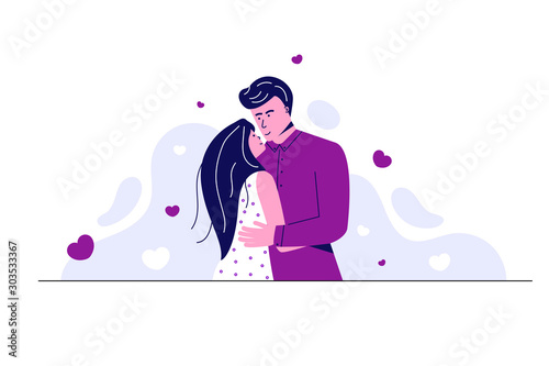 Valentine's Day. Lovers hug and love each other. Vector flat trendy illustration with hearts on white background. Woman and man love, Use for landing page. website, poster, banner and cards